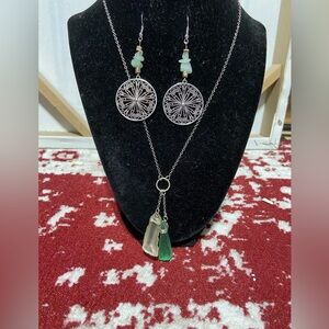 Dual Sea Glass Pendant Silver Tone Necklace With Pierced Earrings